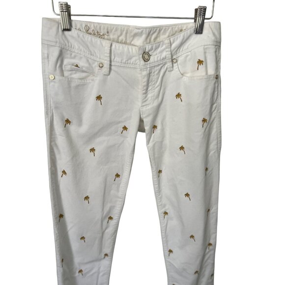 Lilly Pulitzer White Gold Palm Tree Embroidery Low Rise Worth Skinny Pant - Picture 2 of 3